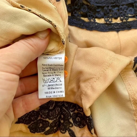 BANJUL Nude & Navy Blue Long Sleeve Romper Tattoo Lace Floral Mesh - Picture 10 of 10